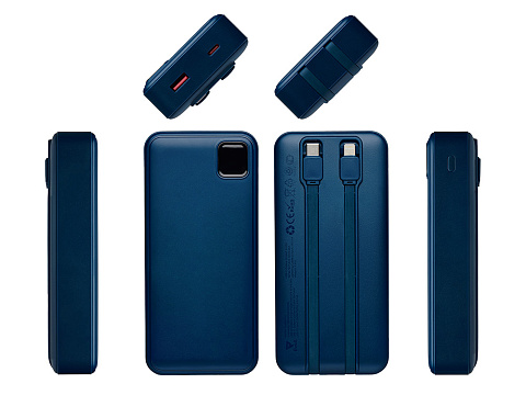 Внешний аккумулятор со встроенными кабелями Фрэйм Про, быстрая зарядка, 20000мач, тёмно-синий - рис 3.