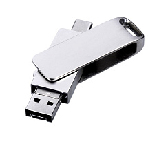 USB 2.0-флешка на 32 Гб поворотный механизм, c дополнительным разъемом Micro USB с одноцветным металлическим клипом