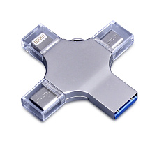 USB-флешка на 256 Гб 4 в 1 поворотный механизм, c дополнительными разъемами MicroUSB, TypeC и Lightning, серебристый