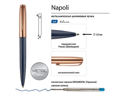 Ручка металлическая шариковая Napoli, синий/розовое золото - рис 3.