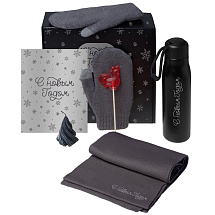 Подарочный набор с варежками, шарфом и термосом, серый