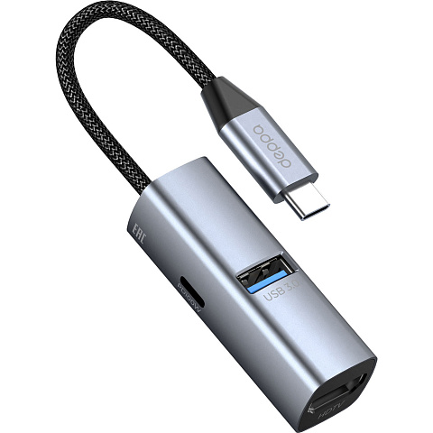 USB-хаб 3 в 1 USB-C - USB-A3.0 + USB-C PD100Вт + HDMI, серый, Deppa - рис 2.