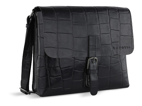 Сумка-мессенджер мужская BUGATTI Nevio, чёрная, воловья кожа/хлопок, 30,5х7х25 см, 5 л