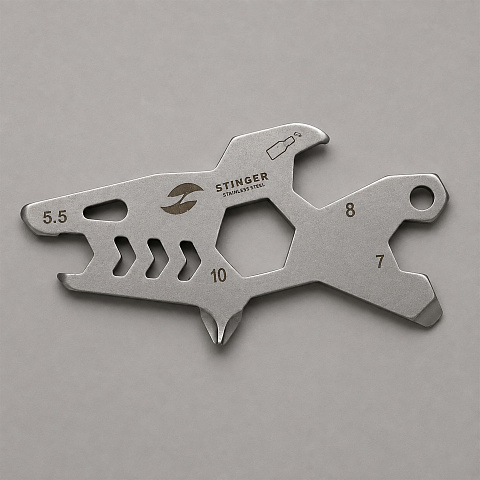 Мини-мультитул карманный Stinger, 60 x 31 мм, 5 функций, акула, нержавеющая сталь, серебристый, в блистере
