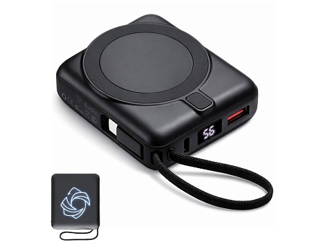 Магнитный беспроводной внешний аккумулятор c подсветкой лого Энчант, 10000 мАч, черный