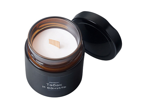 Свеча в стеклянной коричневой банке 200мл, аромат Табак и ваниль, фитиль деревянный - рис 3.