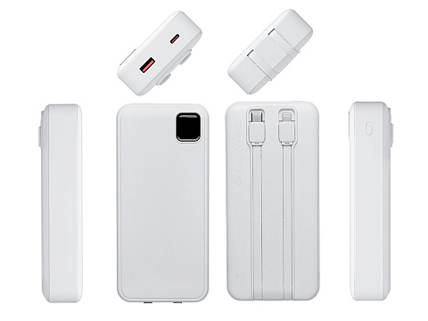 Внешний аккумулятор со встроенными кабелями Фрэйм Про, быстрая зарядка, 20000мач, белый - рис 3.