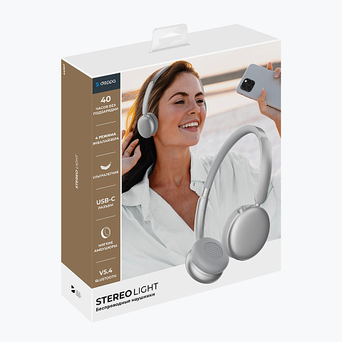 Беспроводные накладные наушники Stereo Light, BT 5.4, 300 мАч, cеребристый, Deppa - рис 7.