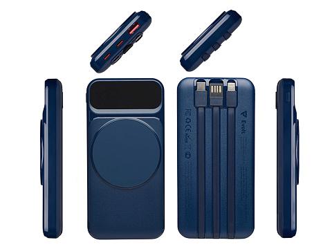 Магнитный беспроводной внешний аккумулятор со встроенными кабелями Мэни,быстаря зарядка, 10000 мАч, тёмно-синий - рис 3.