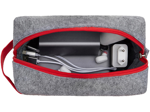 Органайзер для электроники и проводов Felt из RPET-фетра с ручкой, серый с красным - рис 2.