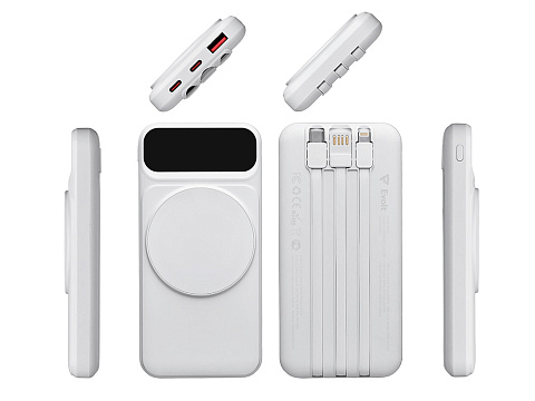 Магнитный беспроводной внешний аккумулятор со встроенными кабелями Мэни,быстаря зарядка, 10000 мАч, белый - рис 3.