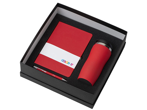 Подарочный набор с блокнотом С2, металлической ручкой и термокружкой, красный - рис 2.